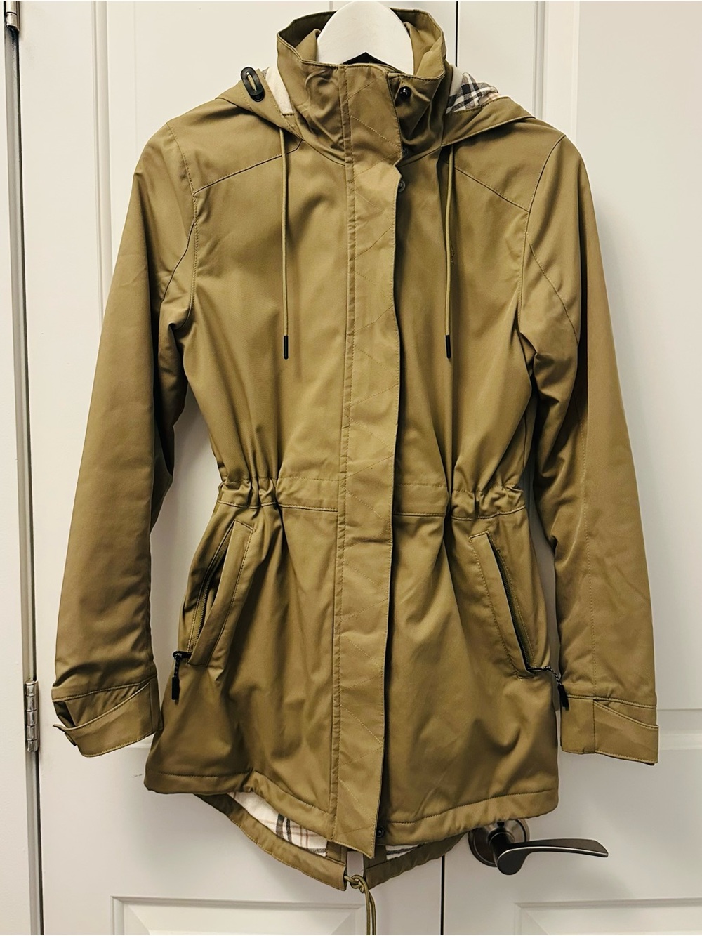 Ripzone beige hooded rain jacket plaid lining XS